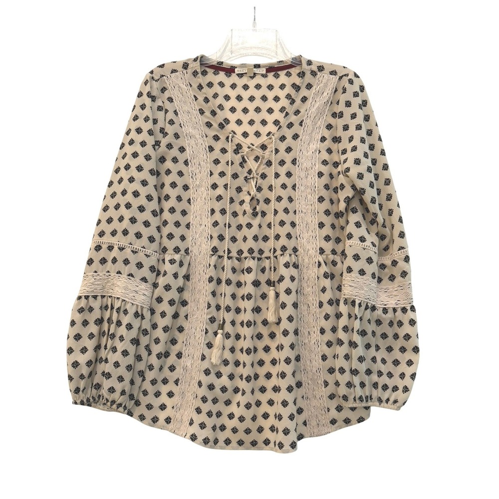 Hint of Mint Womens XL Boho Lace Up Tassel Peasant Blouse‎ Cream Black